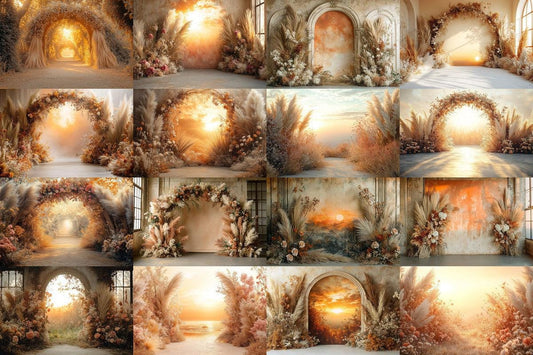 Boho Background - Sunset Arch Photography Backdrops - 8Warm Aesthetic PNGs for Digital Art  & Photography - Commercial Use