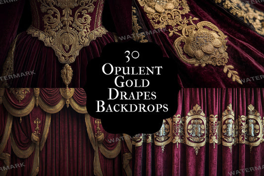 Opulent Gold Drapes Backdrops, Royal Velvet Curtains Digital Backgrounds, Luxury Red Gold Photography Props, Baroque Theatre Stage