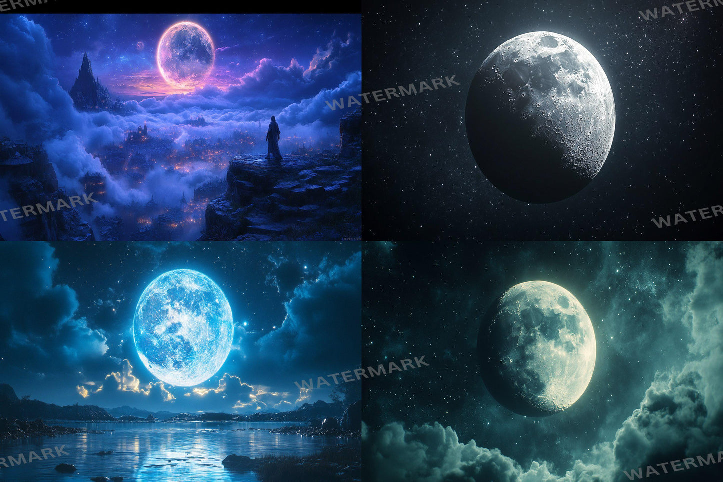 Celestial Moons digital backdrop, 16:9 ratio. Beautiful moons in a starry sky, perfect for TV wallpaper or streaming background