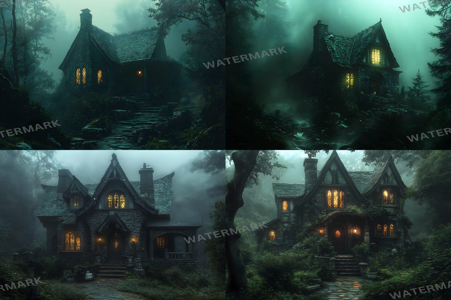 Witch Cottage Retreat Backdrops, Enchanted Forest Hideaways, Cozy Magical Cabins, Mystical Woodland Scenes, Digital Fantasy Backgrounds