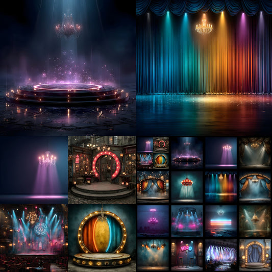 Neon Chandelier Stage Backdrop, Square Digital Background for Parties, Events, Photography, and Social Media Content Creation