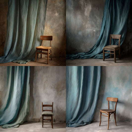Blue Green Linen Curtain Photography Backdrop, Vintage Chair Digital Background, Square Photo Prop for Portrait, Newborn, and Product Photography