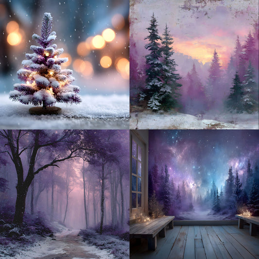 Purple Christmas Backdrop, Snowy Indoor Scene, Square Digital Background for Holiday Photography, Festive Photo Booth Prop, Winter Wonderland Design