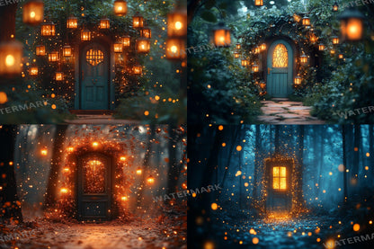 Fairy Lanterns Backdrops - Magical Forest Scenes with Glowing Lanterns and Enchanted Doorways - Fairytale Storybook PNG Backgrounds