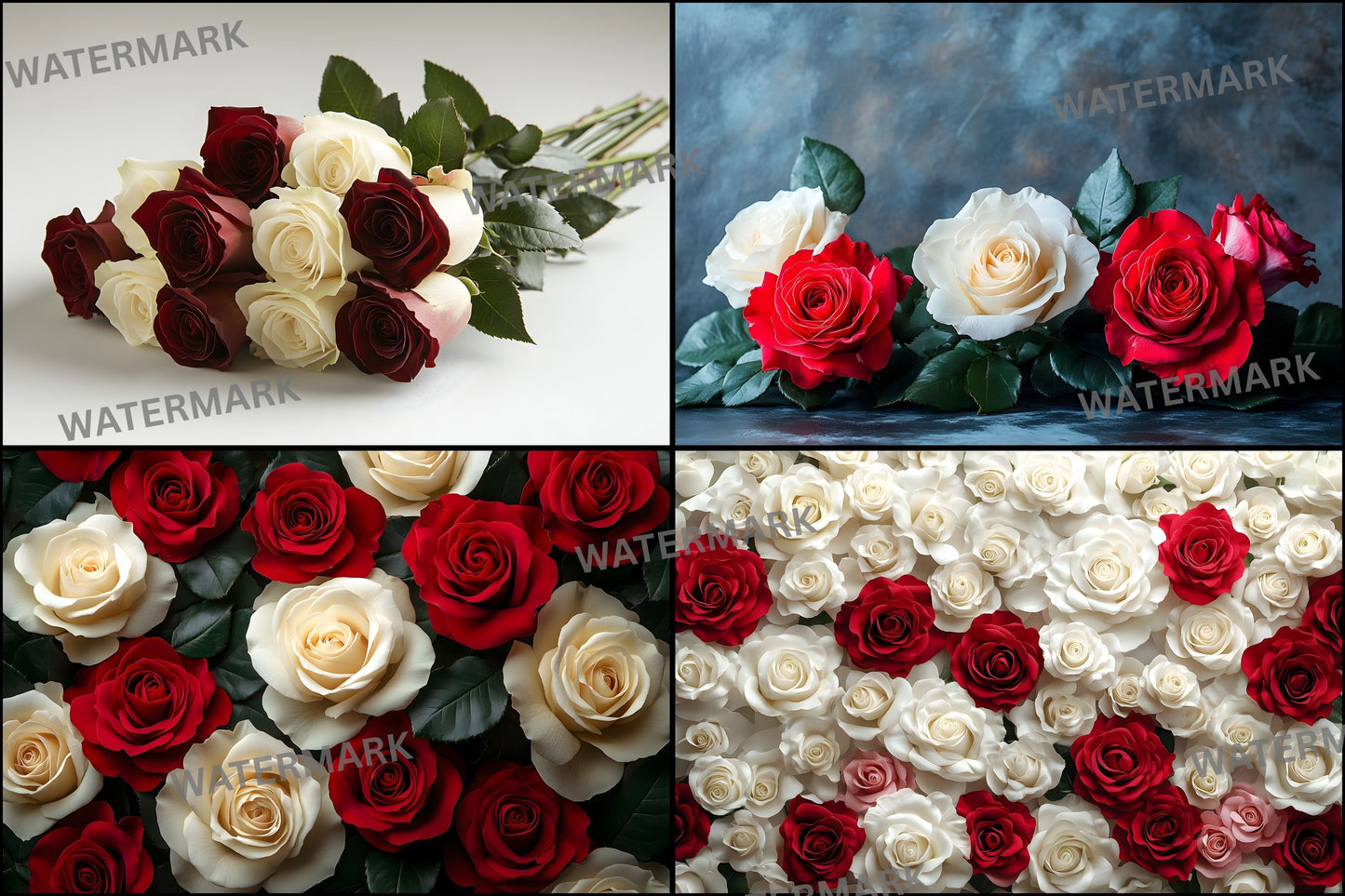 White Red Roses Photography Backdrop, Elegant Floral Background for Portraits, Wedding Photo Booth, Digital Download, Ratio