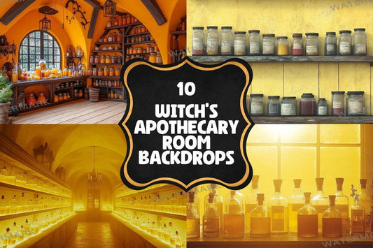Yellow Witch's Apothecary Room Backdrops - Photography Backdrops - Photoshop - Backgrounds - Wizarding School - Witch Apothecary Backdrops