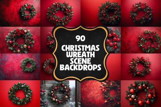 Christmas Wreath Scene Backdrops - Festive Holiday Photo Overlays for Digital Artists  Photographers 00x00px PNGs Commercial Use