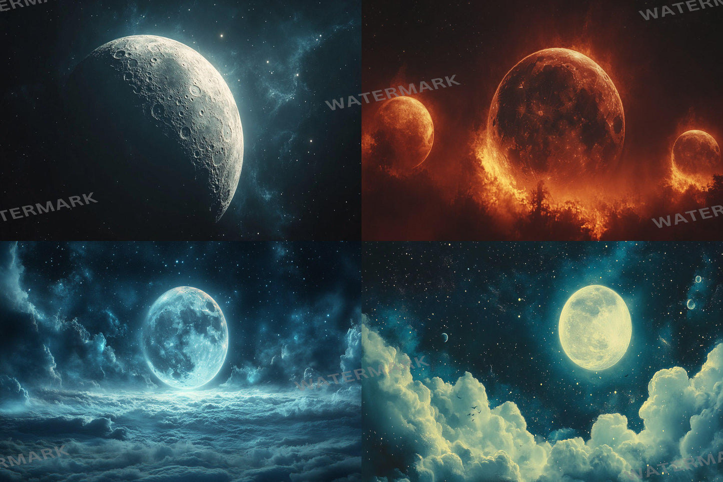 Celestial Moons digital backdrop, 16:9 ratio. Beautiful moons in a starry sky, perfect for TV wallpaper or streaming background