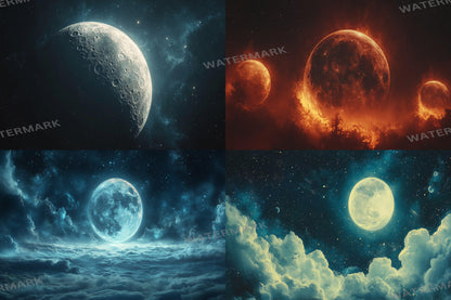Celestial Moons digital backdrop, 16:9 ratio. Beautiful moons in a starry sky, perfect for TV wallpaper or streaming background