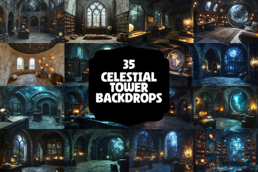 Celestial Tower Backdrops | Fantasy Castle Digital Backgrounds | Mystical Gothic Architecture | Starry Night Scenes | Digital Backdrops