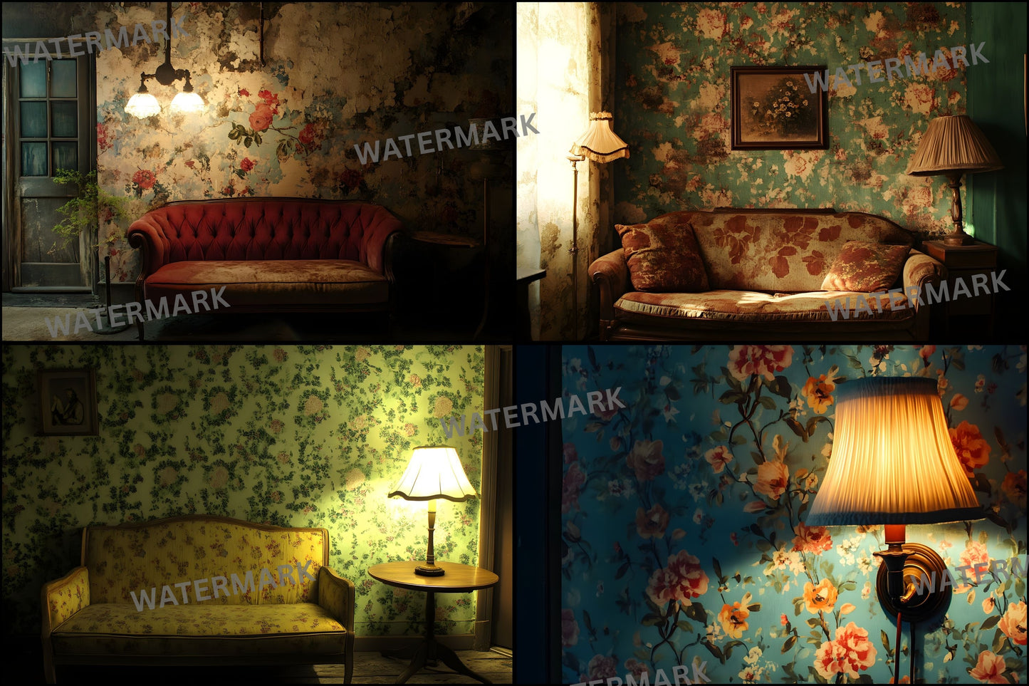 Vintage Wallpaper Room Digital Backdrop, Photography Backgrounds, Antique Interior Photo Prop, High-Res Image Download