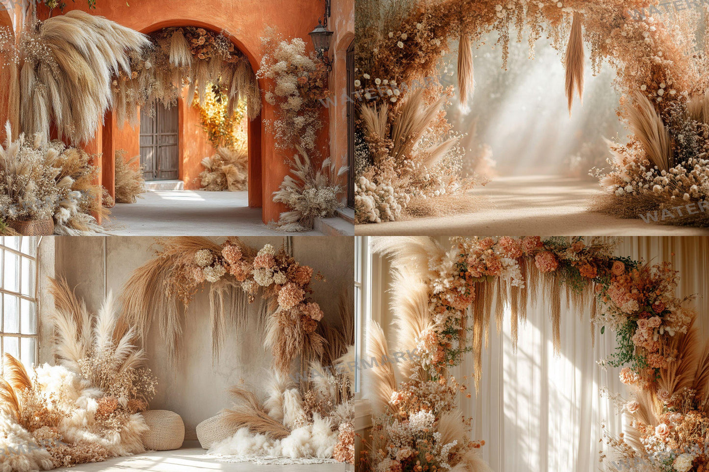 Boho Terracotta Backdrops - Warm Rustic Pampas & Elegant Archway Digital Backgrounds for Photoshop, Master Overlays, Maternity, Wedding