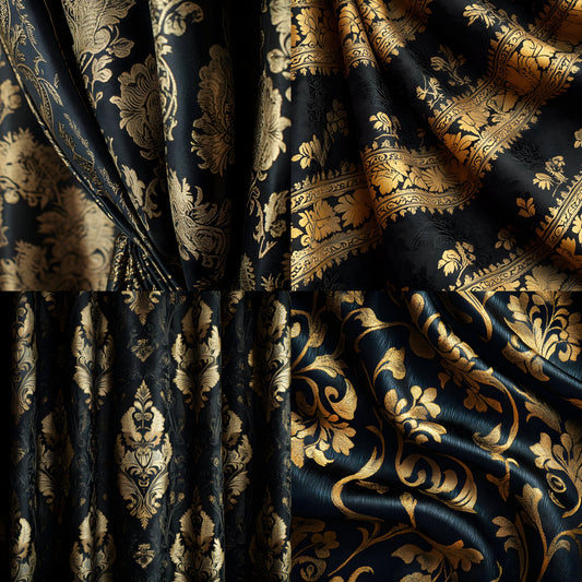 Black Gold Brocade Curtains Digital Backdrop, Elegant Photography Background, Luxury Portrait Photo Booth, Printable Fabric Texture, Ratios