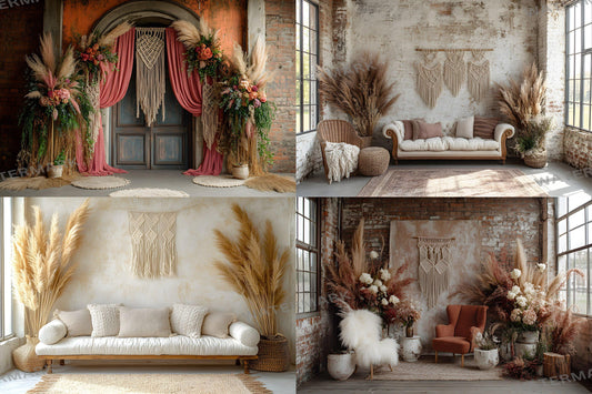 Boho Chic Bliss Backdrops, Cozy Bohemian Interior Digital Background, Light Lifestyle Decor Photo Booth Prop, Modern Plant Lover Scene