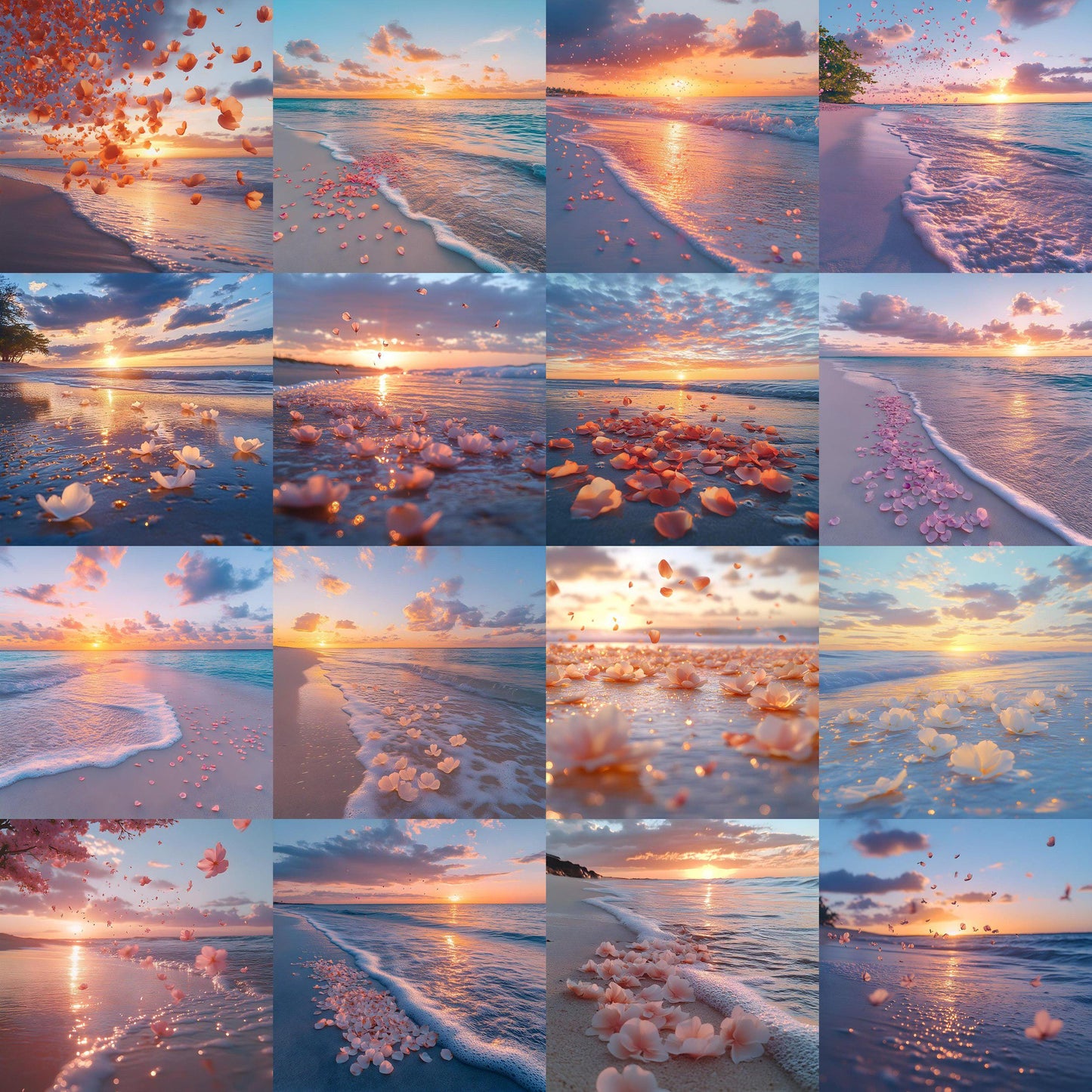 Sunset Oasis Backdrops, Dreamy Beach Photography Backgrounds, Pink Petal Shoreline Scenes, Sunset Beach Wedding and Maternity Backdrops