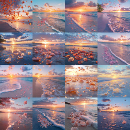 Sunset Oasis Backdrops, Dreamy Beach Photography Backgrounds, Pink Petal Shoreline Scenes, Sunset Beach Wedding and Maternity Backdrops