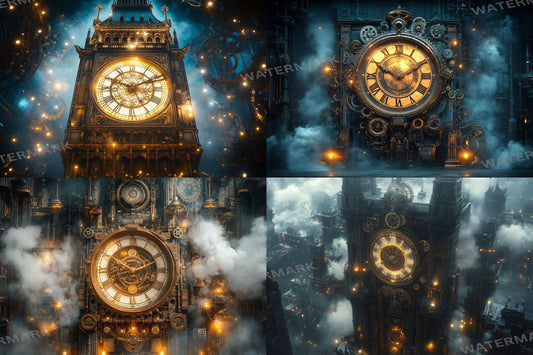 Steampunk Clocktower Digital Backdrops - Victorian Fantasy Streets, Fantasy Photography Backgrounds, Time Travel, Gears & Sci-Fi Portraits