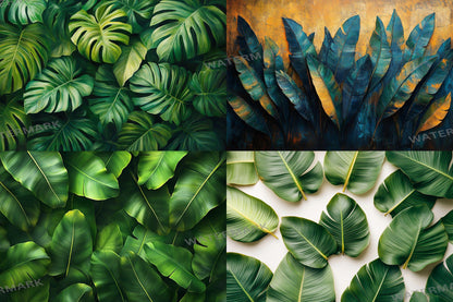 Tropical banana leaves digital backdrops, jungle PNG overlays for photography, botanical background scenes, lush greenery composites