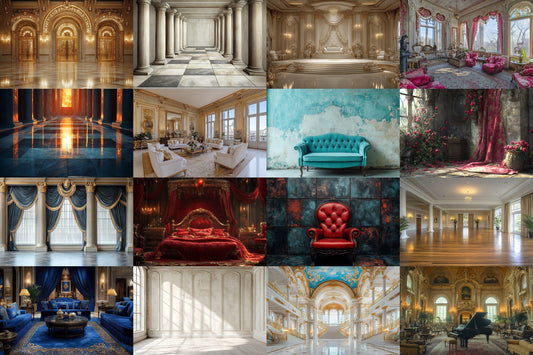 Regal Room Backdrop: 5PNGs for Royal Palace Interior Photos, Luxury Ballroom Chamber Scenes, Elegant Grand Hall Digital Backdrops