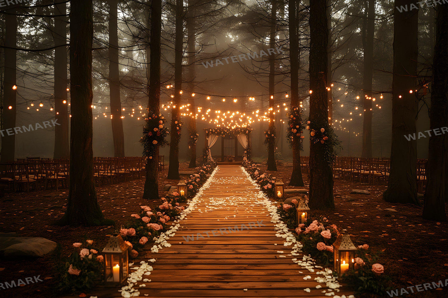 Forest Wedding Backdrops ��������� Rustic Elegance with Fairy Lights and Candlelit Paths - 3:2 Ratio - Wedding Photography - Wedding Backgrounds