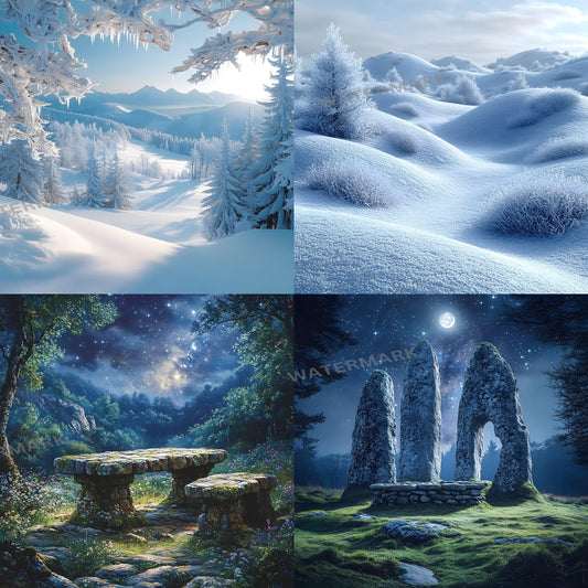Enchanted Winter Digital Background Bundle - 4Snowy Magical Forest & Ruin Scenes, Icy Arch Backdrops for Fantasy Portraits and Photoshop