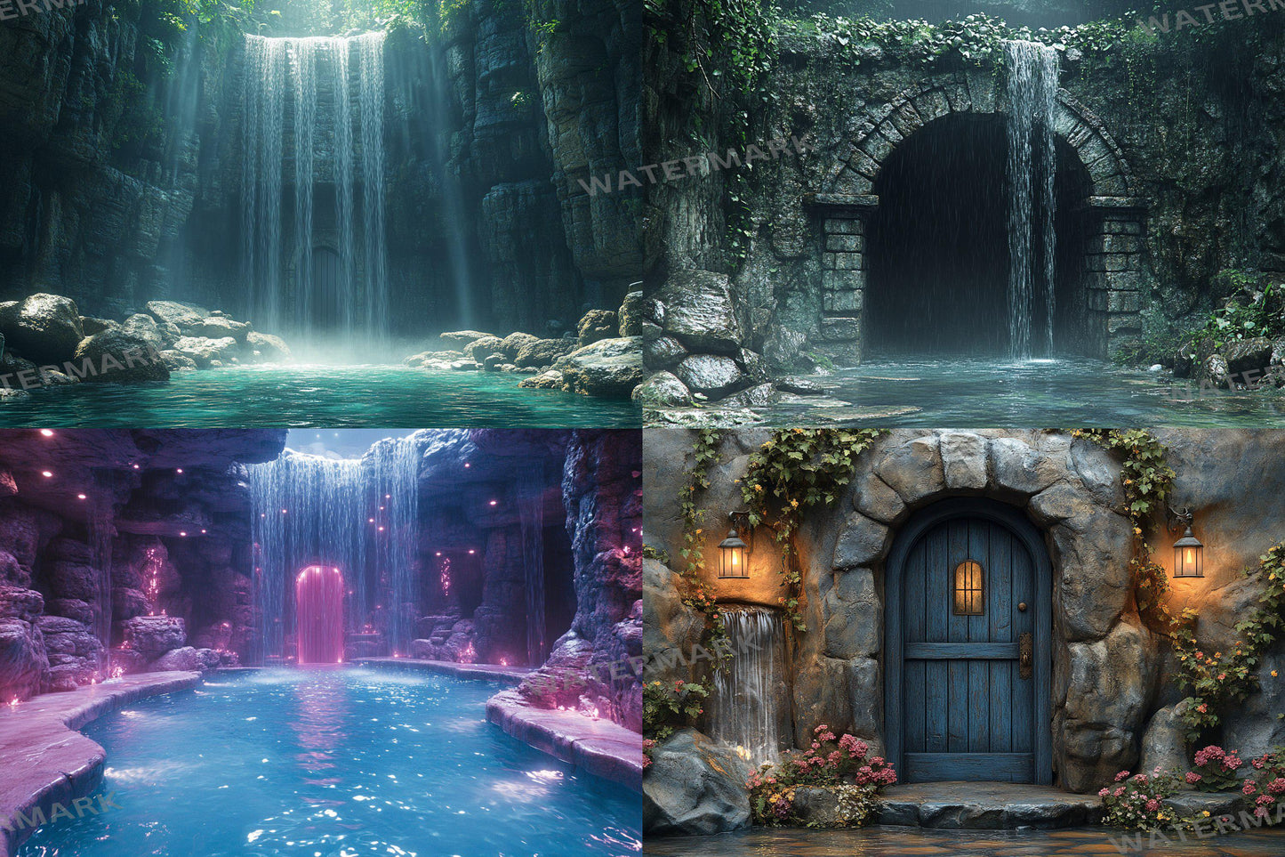 Fairy Waterfall Backdrops, Enchanted Cascades, Mystical Forest Falls, Dreamy Fantasy Streams, Magical Nature Digital Backgrounds