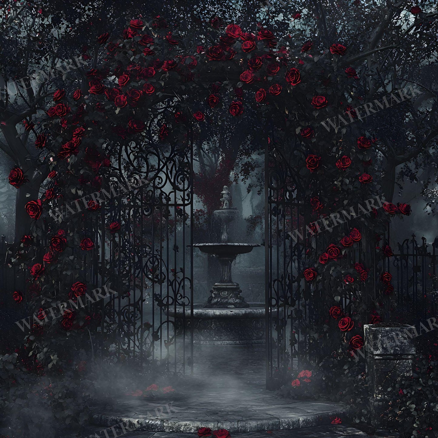 Gothic Rose Floral Digital Backdrop - Photography, Crafts, Storytelling - Gothic Background - Red Gothic Roses in Abandoned Gothic Courtyard