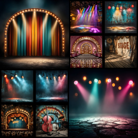 Vintage Neon Spotlight Digital Backdrop, Photography Background for Portraits, Stage Effect Photo Booth, Square Image for Social Media, Themed Events