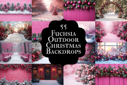 Fuchsia Outdoor Christmas Backdrops | Digital Winter Wonderland Scenes | Holiday Photography Backgrounds - Pink Christmas Backgrounds