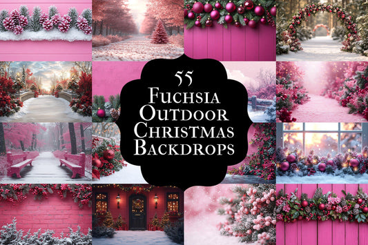 Fuchsia Outdoor Christmas Backdrops | Digital Winter Wonderland Scenes | Holiday Photography Backgrounds - Pink Christmas Backgrounds
