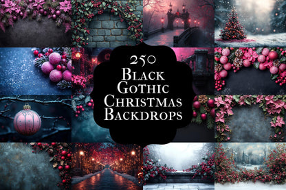 Black & Pink Gothic Christmas Digital Backdrops - Pink and Fuchsia Holiday Photoshop Overlays - Dark Fantasy Backgrounds for Photography
