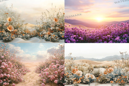 Modern Desert Bloom Backdrops, Boho Southwestern Digital Backgrounds, Pastel Floral Photography Props, Arid Landscape Composites