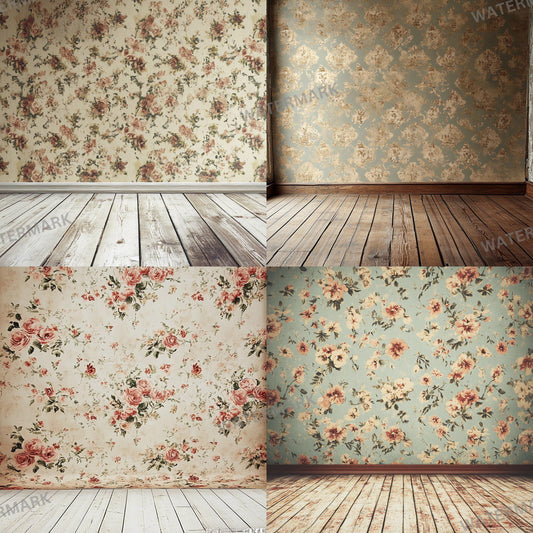 VINTAGE COZY BACKDROPS Digital Backgrounds for Photography, Soft Inviting Room Settings - Floral Wallpaper & Wooden Floors for Overlays