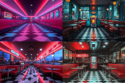 Retro Diner Backdrop: 3PNGs for Vintage Photo Editing, s Style Photography Props, Classic American Diner Digital Backdrops
