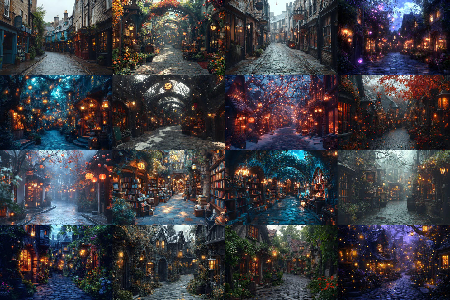 Wizard's Alley Backdrops, Magical Marketplace Scenes, Enchanted Shopfronts, Mystical Street Paths, Fantasy Digital Backgrounds