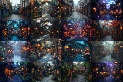 Wizard's Alley Backdrops, Magical Marketplace Scenes, Enchanted Shopfronts, Mystical Street Paths, Fantasy Digital Backgrounds