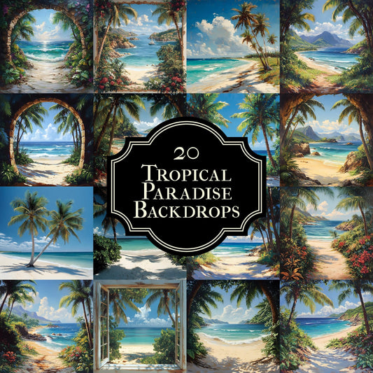 Tropical Paradise Backdrops - Stunning Beach, Sunset & Crystal Waters Digital Backgrounds - Beach Portrait Studio Backgrounds