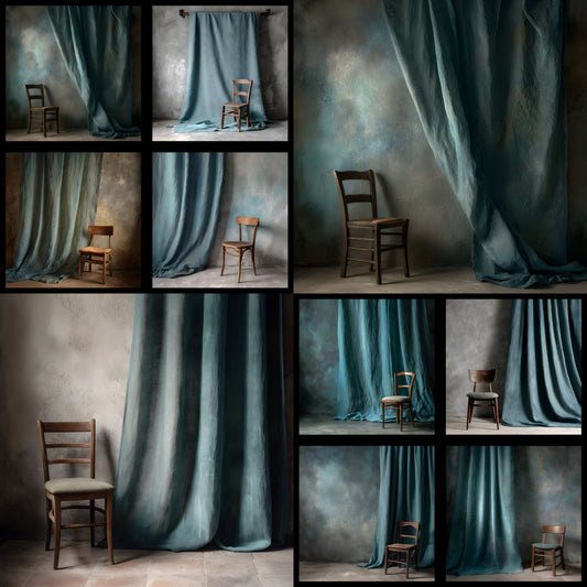 Blue Green Linen Curtain Photography Backdrop, Vintage Chair Digital Background, Square Photo Prop for Portrait, Newborn, and Product Photography