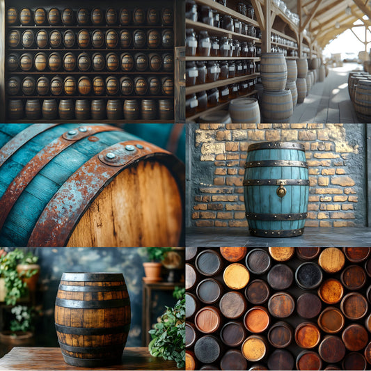 Whiskey Barrel Photography Backdrop Set, Rustic Wood Digital Backgrounds for Newborns, Product Photography, and Portrait Photo Editing Overlays