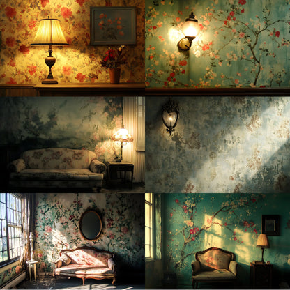 Vintage Wallpaper Room Digital Backdrop, Photography Backgrounds, Antique Interior Photo Prop, High-Res Image for Photographers