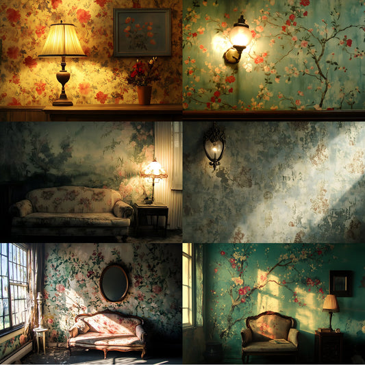 Vintage Wallpaper Room Digital Backdrop, Photography Backgrounds, Antique Interior Photo Prop, High-Res Image for Photographers