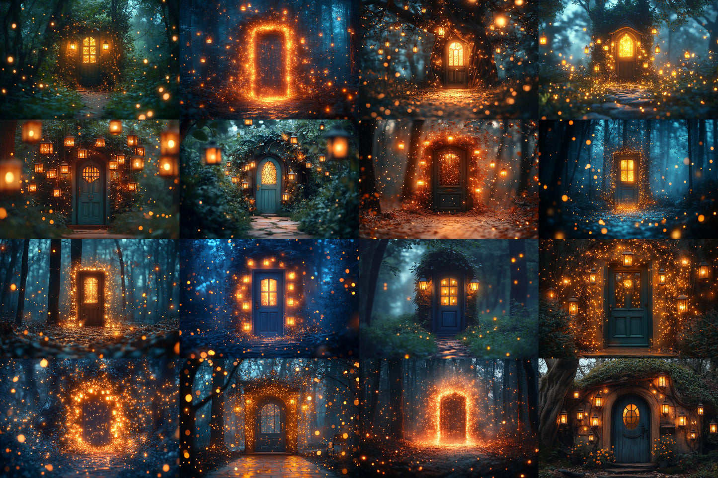 Fairy Lanterns Backdrops - Magical Forest Scenes with Glowing Lanterns and Enchanted Doorways - Fairytale Storybook PNG Backgrounds