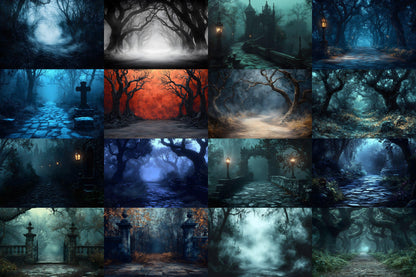 Spooky Forest Backdrops, Haunted Forest Backgrounds, Halloween Digital Scenes, Photoshop, Eerie Photography Overlays, Haunted Woodlands