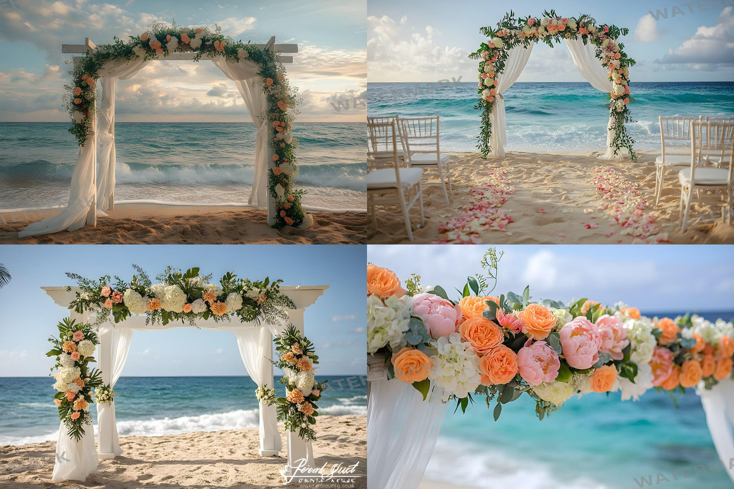 Beachfront Bliss Backdrops, Digital Tropical Wedding Background, Seaside Ocean Photo Booth Prop, Summer Coastal Photography Scene Assets