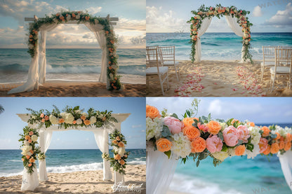 Beachfront Bliss Backdrops, Digital Tropical Wedding Background, Seaside Ocean Photo Booth Prop, Summer Coastal Photography Scene Assets