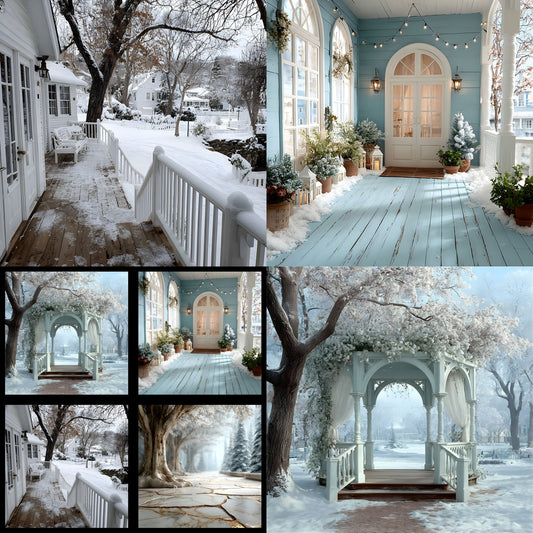 White Gold Christmas Backdrop, Snowy Outdoor Scene, Holiday Photography Background, Winter Wonderland Digital Photo Prop, Image