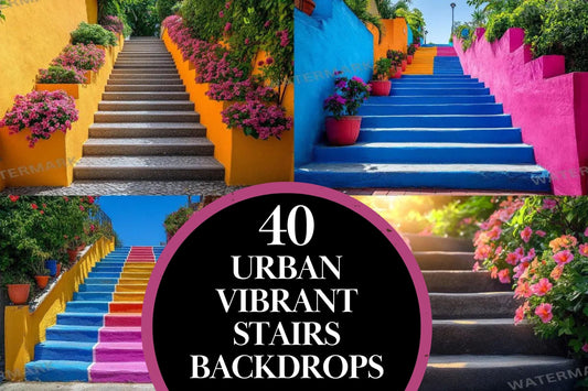 Urban Colorful Stairs -  Photography Backdrops - Photoshop Backgrounds - Colourful Master Overlay - Photo Editing - Vibrant City Stairs
