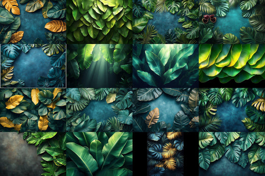 Tropical banana leaves digital backdrops, jungle PNG overlays for photography, botanical background scenes, lush greenery composites
