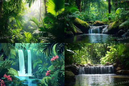Tropical Forest streaming background, 16:9 ratio. Lush nature scenery with vibrant greenery and waterfalls, photography backdrop.