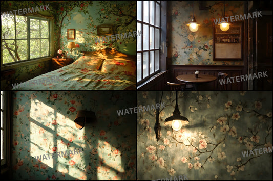 Vintage Wallpaper Room Digital Backdrop, Photography Backgrounds, Antique Interior Photo Prop, High-Res Image for Photographers